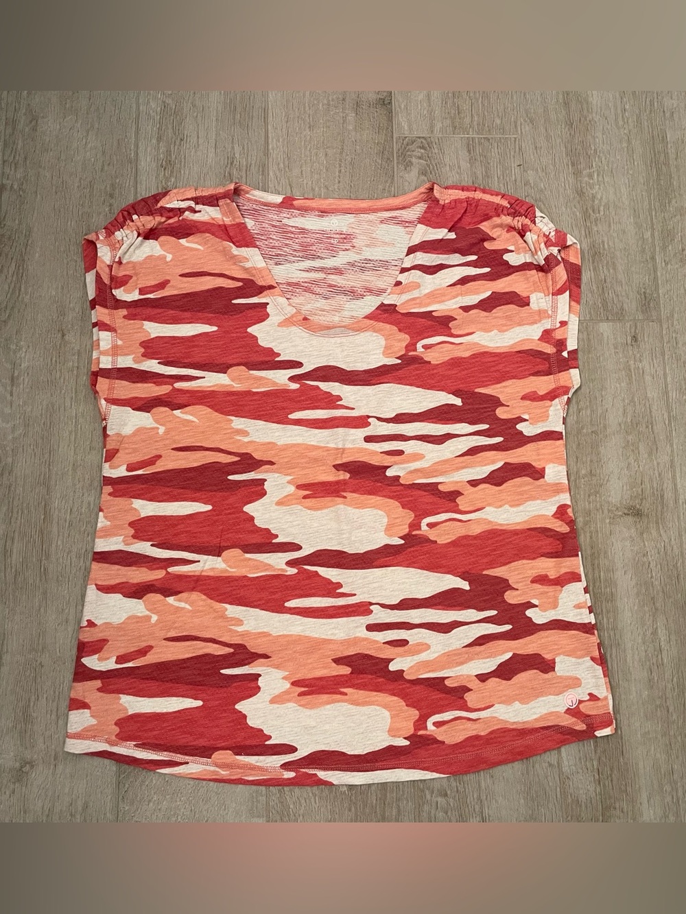 T by Talbots Coral and Blush Camo Print Short Sleeve Top, PL